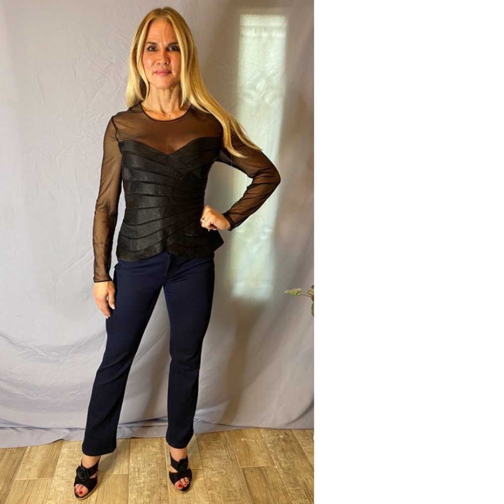 VICTOR COSTA Black Cocktail Blouse, Shear long sleeves and bodice, size 14.
